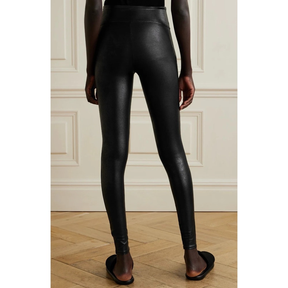 Spanx SZ Medium Faux Leather Leggings High Waist Black Glossy Coated 2437Q